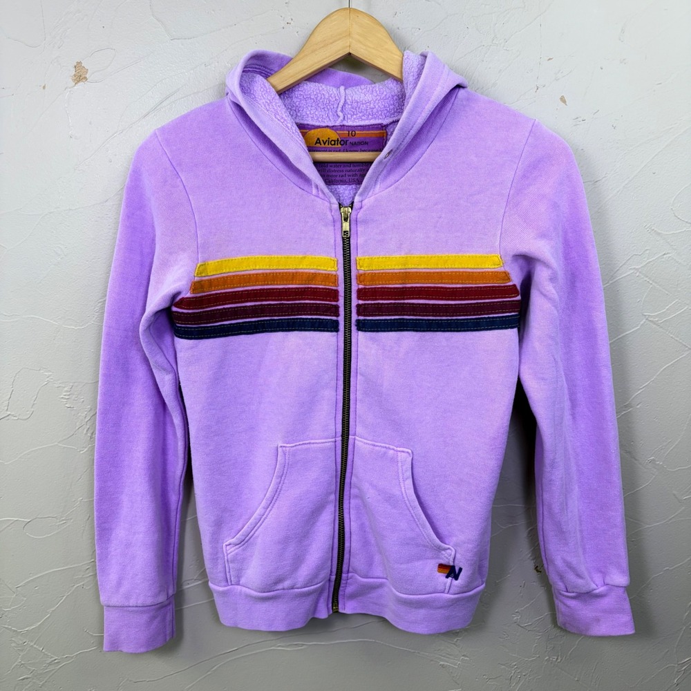 Aviator Nation Zip Hoodie Kids 10 Purple Lavender Stripe Retro Surf California